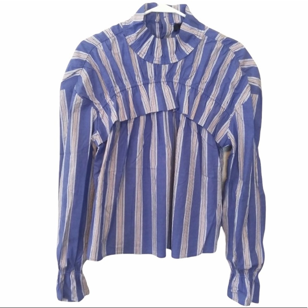 ANTHROPOLOGIE striped ruffle dressy blue blouse women Size Small